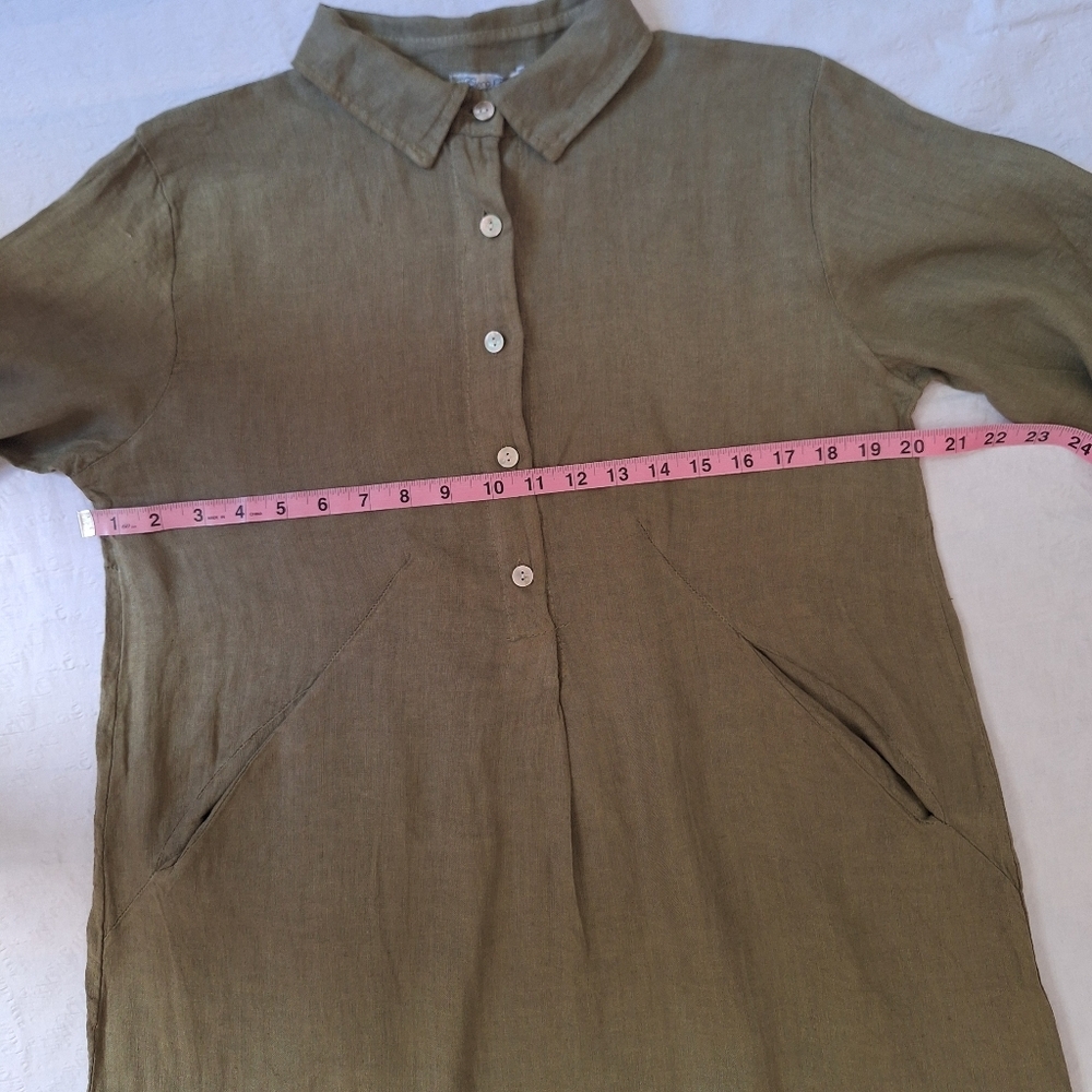 NWT ELENA BALDI LINEN Chic Olive Green Button-Up Midi Dress made Italy - Picture 5 of 8